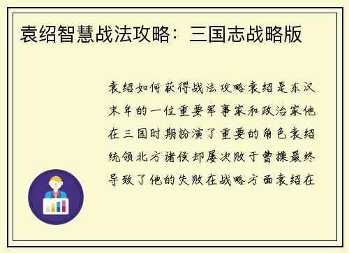 袁绍智慧战法攻略：三国志战略版